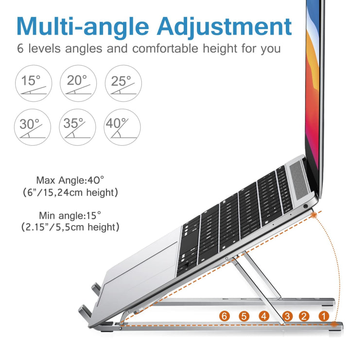 Foldable Aluminum Laptop Stand Adjustable Portable Riser for MacBook, Laptop & Tablet – Ergonomic Cooling Holder with Carry Pouch