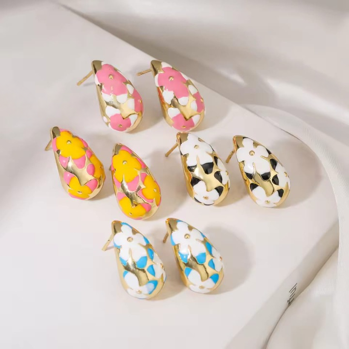 Flower Hollow Drop Earrings (PQT-105) | Elegant Women's Statement Chunky Earrings | Stylish Floral Enamel Fashion Jewelry in Multiple Colors