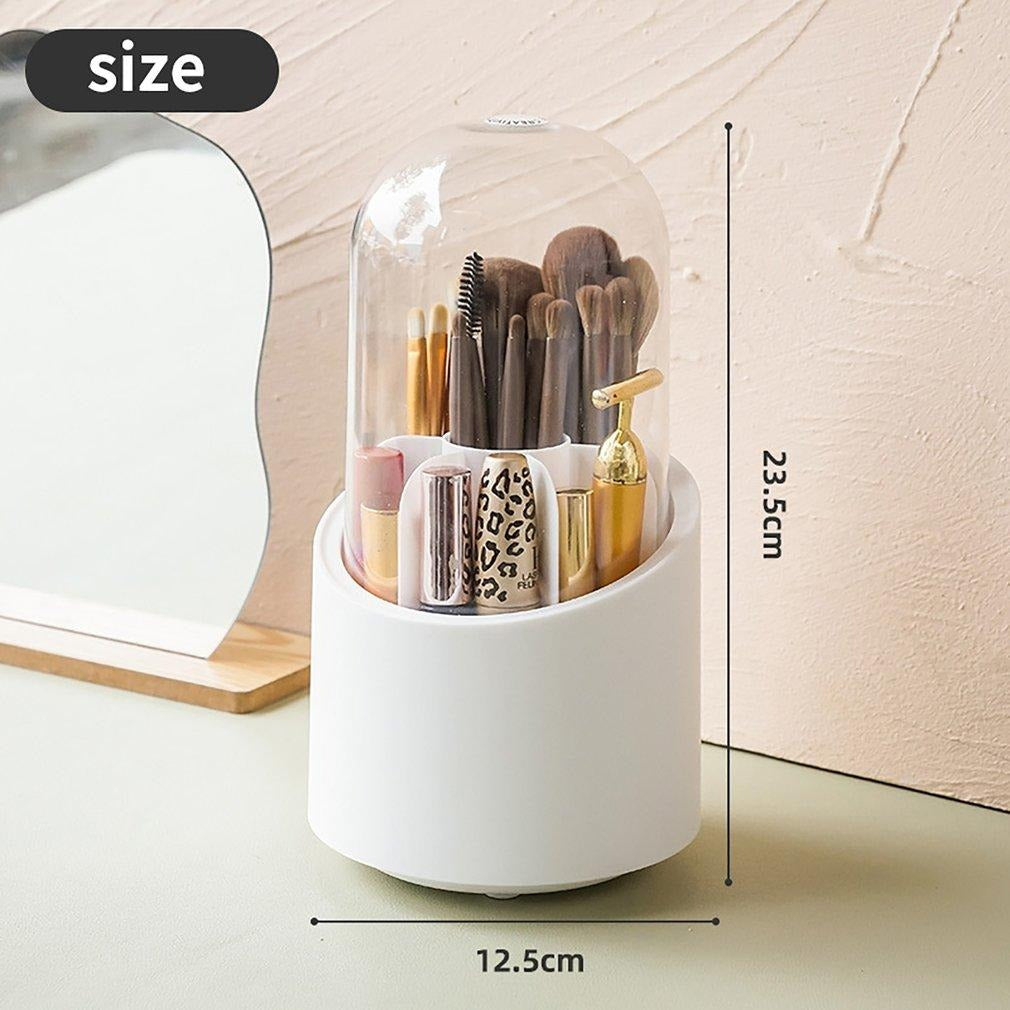 360° Rotating Makeup Brush Organizer with Dustproof Cover | Desktop Cosmetic Storage Box for Lipsticks, Eyebrow Pencils & Beauty Tools