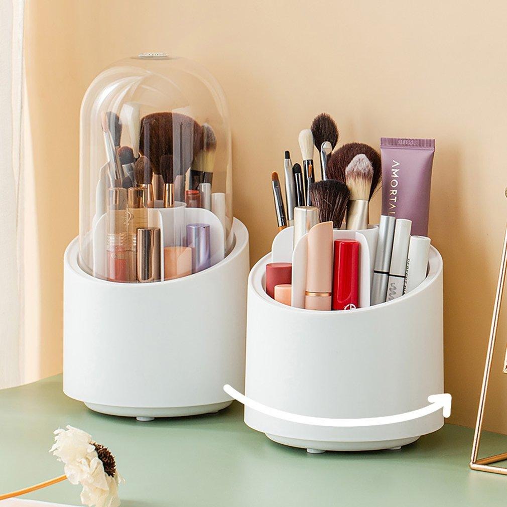 360° Rotating Makeup Brush Organizer with Dustproof Cover | Desktop Cosmetic Storage Box for Lipsticks, Eyebrow Pencils & Beauty Tools