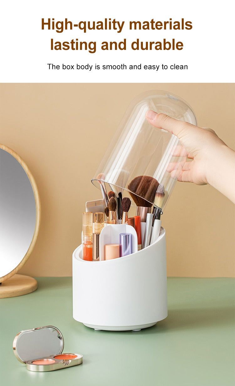 360° Rotating Makeup Brush Organizer with Dustproof Cover | Desktop Cosmetic Storage Box for Lipsticks, Eyebrow Pencils & Beauty Tools