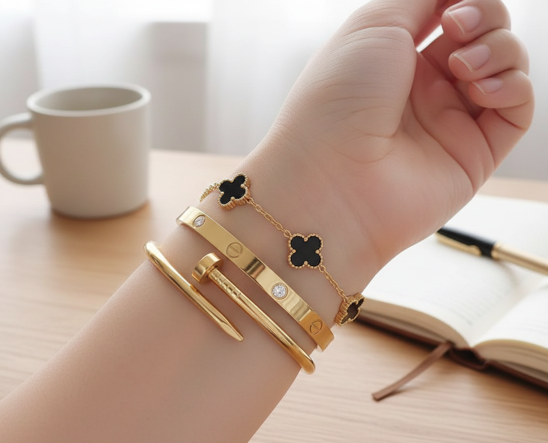 3-Piece Stainless Steel Luxury Bangle Set for Women | 18K Gold-Plated Stackable Nail, Screw, & Black Clover Link Chain Bracelet Combo | Elegant Non-Tarnish Jewelry