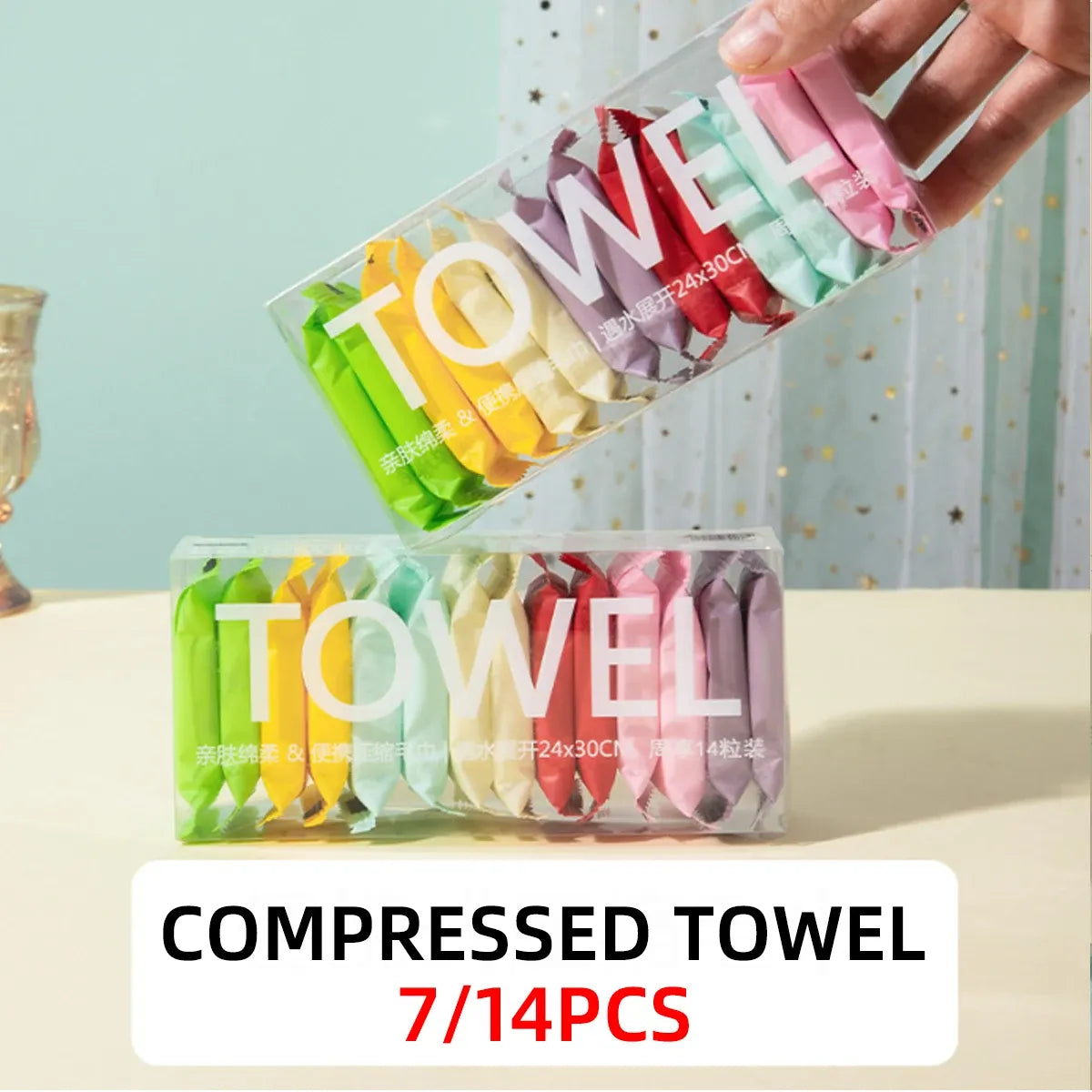 Disposable Compressed Face Towels (14-Pack) | Portable Thickened Travel Washcloths | Candy-Wrapped Magic Cotton Wipes for Skincare, Camping & Travel