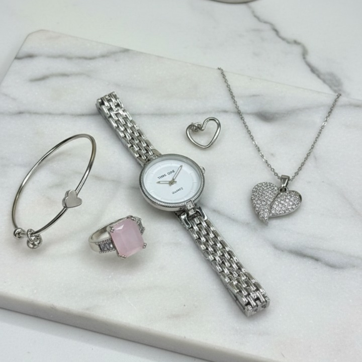 Elegant Heart & Stone 5-Piece Women’s Jewelry Gift Set | Imported Silver-Tone Quartz Watch, Heart Pendant Necklace, Open Ring, Bangle & Earrings Combo with Luxury Velvet Travel Organizer Case
