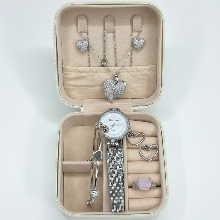 Elegant Heart & Stone 5-Piece Women’s Jewelry Gift Set | Imported Silver-Tone Quartz Watch, Heart Pendant Necklace, Open Ring, Bangle & Earrings Combo with Luxury Velvet Travel Organizer Case