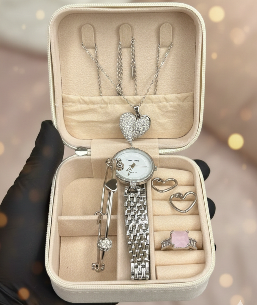 Elegant Heart & Stone 5-Piece Women’s Jewelry Gift Set | Imported Silver-Tone Quartz Watch, Heart Pendant Necklace, Open Ring, Bangle & Earrings Combo with Luxury Velvet Travel Organizer Case