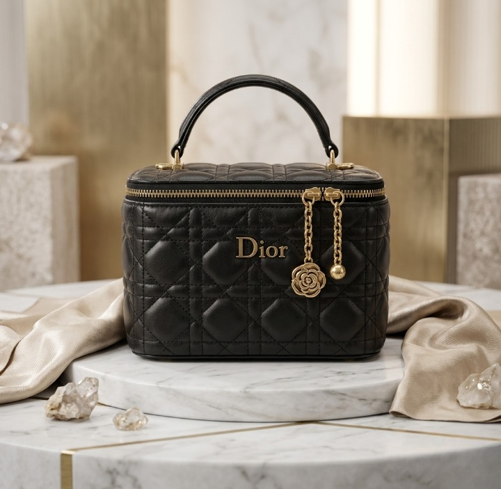 Luxury Quilted Synthetic Leather Makeup Vanity Case | Premium Metallic Silver Beauty Bag & Travel Cosmetics Organizer with Gold Hardware