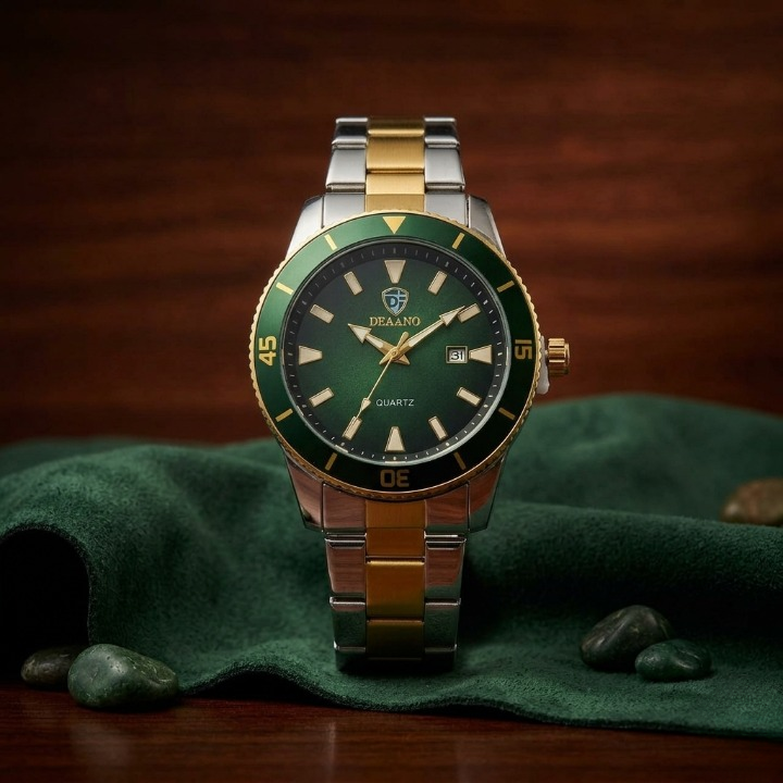 DEALLIO Luxury Men's Quartz Watch | Two-Tone Stainless Steel Gold & Silver Band | Classic Emerald Green Dial Business Wristwatch with Date Display