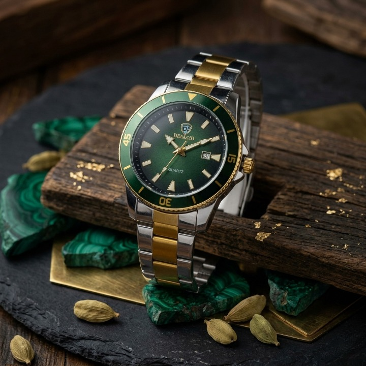 DEALLIO Luxury Men's Quartz Watch | Two-Tone Stainless Steel Gold & Silver Band | Classic Emerald Green Dial Business Wristwatch with Date Display