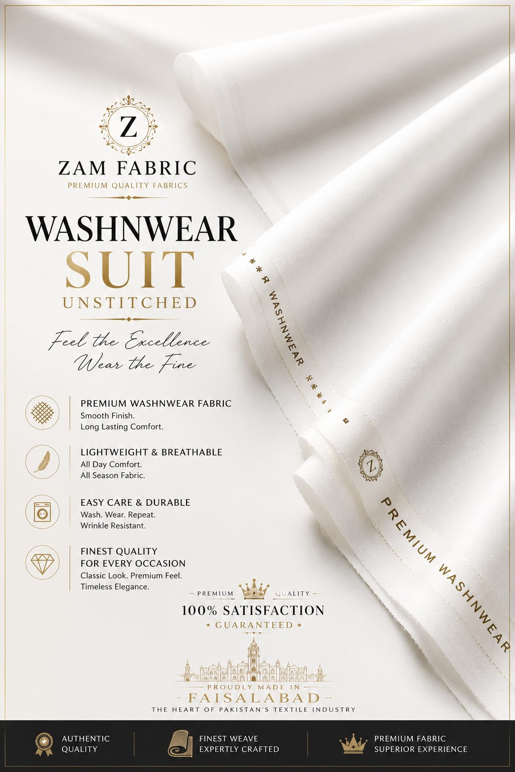ZAM FABRIC Premium Men's Washnwear Suit | Unstitched Luxury Off-White/White Shalwar Kameez Fabric for Men | Lightweight, Breathable & Wrinkle-Resistant All-Season Wear