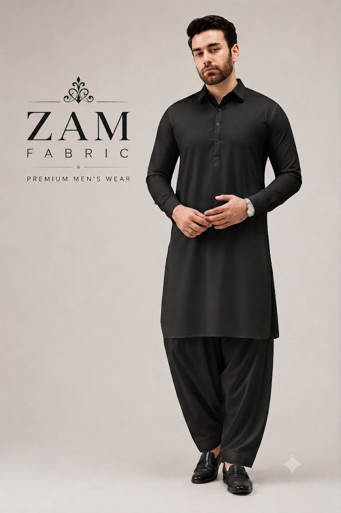 ZAM FABRIC Premium Men's Washnwear Suit | Unstitched Luxury Jet Black Shalwar Kameez Fabric for Men | Lightweight, Breathable & Wrinkle-Resistant All-Season Wear