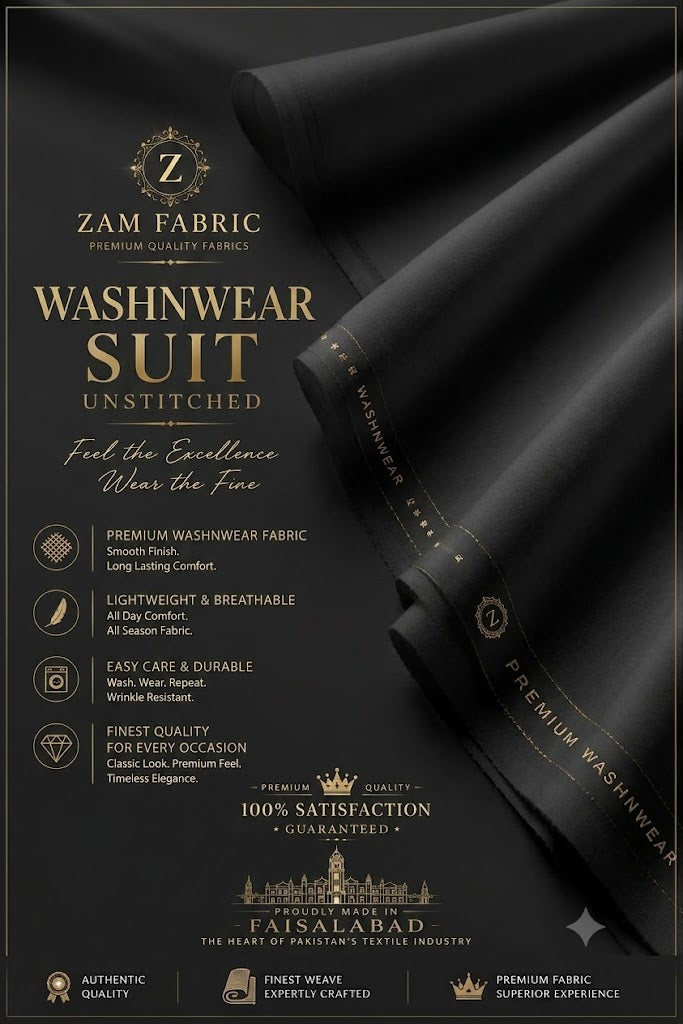 ZAM FABRIC Premium Men's Washnwear Suit | Unstitched Luxury Jet Black Shalwar Kameez Fabric for Men | Lightweight, Breathable & Wrinkle-Resistant All-Season Wear