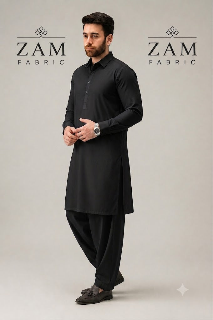 ZAM FABRIC Premium Men's Washnwear Suit | Unstitched Luxury Jet Black Shalwar Kameez Fabric for Men | Lightweight, Breathable & Wrinkle-Resistant All-Season Wear